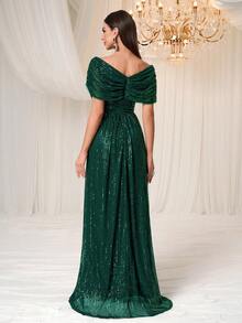 YISIKADO Women's Shimmery Elegant V-Neck Ruched Party Dress - Dark Green - View 2