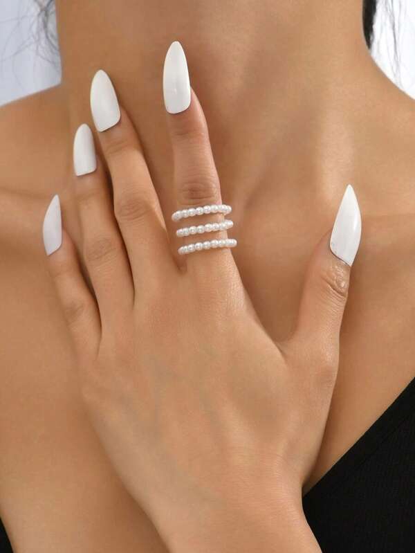 3pcs/Set Women's Minimalist Elastic Beaded Rings, Faux Pearl Design, Adjustable, Cute & Elegant Jewelry, Suitable For Daily Wear, Great For Christmas, Valentine's Day, Birthday Gift For Girlfriend, Sister