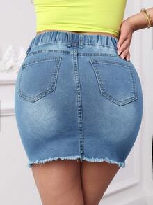 Elastic Waist Skinny Denim Mini Skirt, Simple & Fashionable, Suitable For Summer - Light Wash - View 4