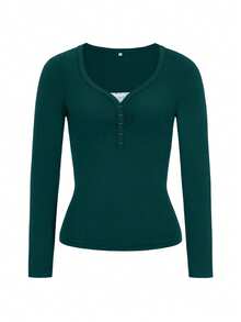 NOIRLYN Women's Y2K Autumn Casual Sexy Solid Color Lace Contrast Slim Fit Long Sleeve V-Neck Top, Suitable For Daily Commuting Wear, Black - Green - View 9