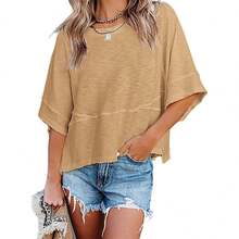 Women's Summer Round Neck Half Flare Sleeve Tops Casual Basic T Shirts Solid Color Loose Fit Tunic Blouse - Màu Khaki - Xem 1