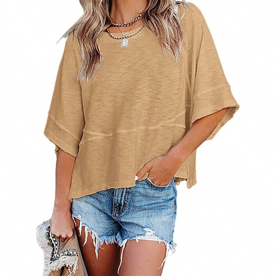 Women's Summer Round Neck Half Flare Sleeve Tops Casual Basic T Shirts Solid Color Loose Fit Tunic Blouse - Màu Khaki - Xem 1