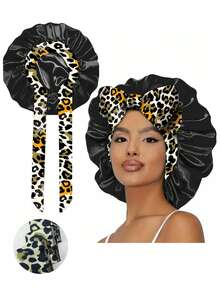 1pc Satin Bonnet With Elastic Tie Band Adjustable Straps, Jumbo Size Sleeping Bonnet, Stretchy Tie Band For Women With Long Curly Braid Hair, Random Print Pattern - Black - NPSM63 - View 18