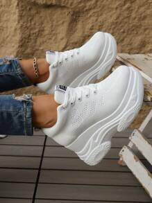 2025 Best Selling Lace-Up Thick Sole Platform Wedge Knit Breathable Women Casual Sports Sneakers, Versatile All Season