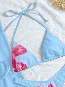 Set da 3 pezzi di costumi da bagno per donna e bambini, con motivo floreale di ibisco giallo, adatti per i giorni estivi da piscina a spiaggia, elegante bikini di base con copricostume sarong decorato a fiori come abbigliamento da spiaggia