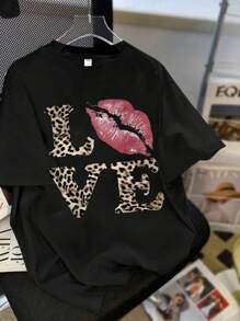 Teen Girl Loose Plus Size Leisure Sweet Leopard Slogan Lip Pattern Printing Leisure Round Neck Pullover Short Sleeve T-Shirt Spring And Summer New Style.