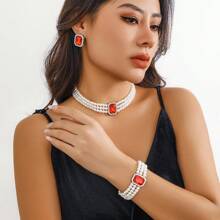 4pcs Set Elegant & Fashionable Multi-Layer Faux Pearl Beaded & Gemstone Inlaid Necklace, Earrings & Bracelet Jewelry Set, Suitable For Women's Daily Wear, Wedding, Party, Holiday & Anniversary Gift