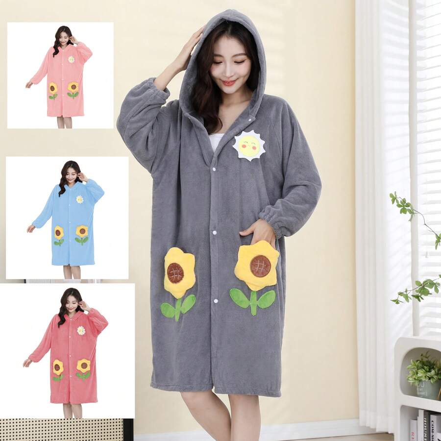 1pc Floral Embroidered Robe, Bathrobe, Casual Loungewear, Suitable For Bathroom, Pool, Living Room, All Seasons Back To School