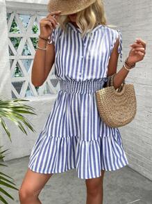 Summer Linen-Feel Blue & White Striped Bowknot Sleeveless A-Line Mini Casual Dress For Women