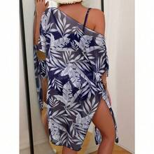 Palm Print 3-Piece Swimwear – Elegant Bikini Set With Matching Wrap Cover. This Swimsuit Has A Fitted Design. Due To Body Shape Differences, You May Feel Slightly Tight When Wearing It, Which Is Normal. If You Have A Fuller Figure Or Prefer A Looser Fit, We Strongly Recommend Choosing 1-2 Sizes Larger. - 藍色 - 查看 5