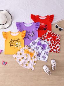 6pcs/Set Girls Casual "English Letter", "Bee", "Butterfly", "Ladybug" Printed Top & Matching With Bowknot, "Bee", "Butterfly", "Ladybug" All Over Print Random Cut Shorts Outdoor Suit, Spring/Summer