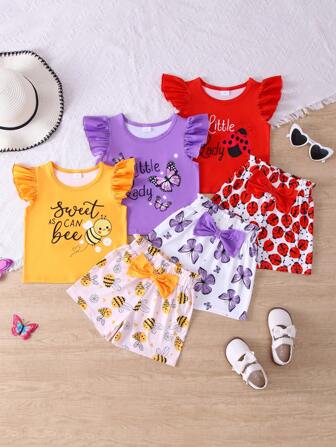 6pcs/Set Girls Casual "English Letter", "Bee", "Butterfly", "Ladybug" Printed Top & Matching With Bowknot, "Bee", "Butterfly", "Ladybug" All Over Print Random Cut Shorts Outdoor Suit, Spring/Summer