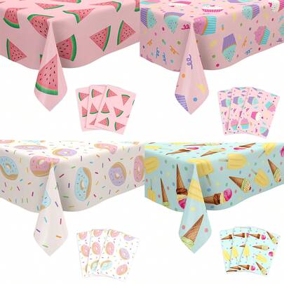 1pc Full-Printed Summer Fruit Ice Cream Tablecloth, Ice Cream Cake, Watermelon Doughnut, Disposable Tablecloth, Valentine's Day, Birthday Event, Party Table Decoration