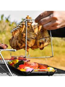 1 Set Edelstahl Grill Hühnchenbeinhalter + Auffangschale / Nur 1 Stück Hühnchenbeinhalter, zweilagiger Gemüse- und Fleischgrill, Küchenausstattung, Küchenartikel, BBQ Zubehör