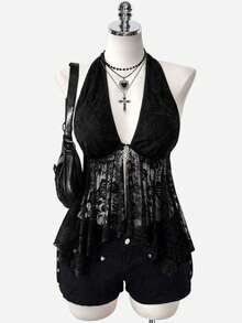 Women's Asymmetrical A-Line Lace Hollow Sheer Spider Decor Punk Retro Street Style Camisole Top, Spring/Summer - Black - View 3