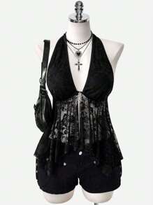 Women's Irregular A-Line Lace Hollow Sheer Spider Decor Punk Retro Street Style Camisole Top, Spring/Summer