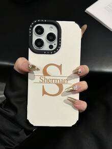 Fashionable Korea Soft Faux Leather Laser Engraving Big Letter Personalized Customized Initials Name Phone Case Compatible With IPhone 17 16 15 14 13 12 11 Pro Max 17 Air DIY Engraved Gift Cover 16 15 14 13 Pro Max Plus - White - View 3