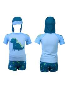 Traje de baño dividido de tres piezas para niños medianos y grandes. Incluye gorra anti - solar. Adorable, trendy y cool. Traje de baño anti - solar para la playa, con patrones cartonísticos de dinosaurios. - Azul - Ver 4