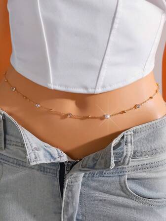 1pc Women Crystal Chain Waist Belt, Sexy Minimalist Body Chain Jewelry, Suitable For Beach, Vacation, Date, Gift, Summer Everyday Wear, Party