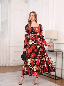 Elegant Vintage Floral Print Backless Tie-Up Dress, Graceful&Modest For Resort, Beach, Banquet, Casual Country Party - Multicolor - View 1