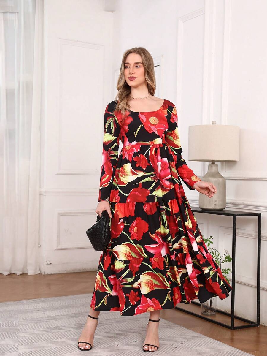 Elegant Vintage Floral Print Backless Tie-Up Dress, Graceful&Modest For Resort, Beach, Banquet, Casual Country Party - Multicolor - View 1