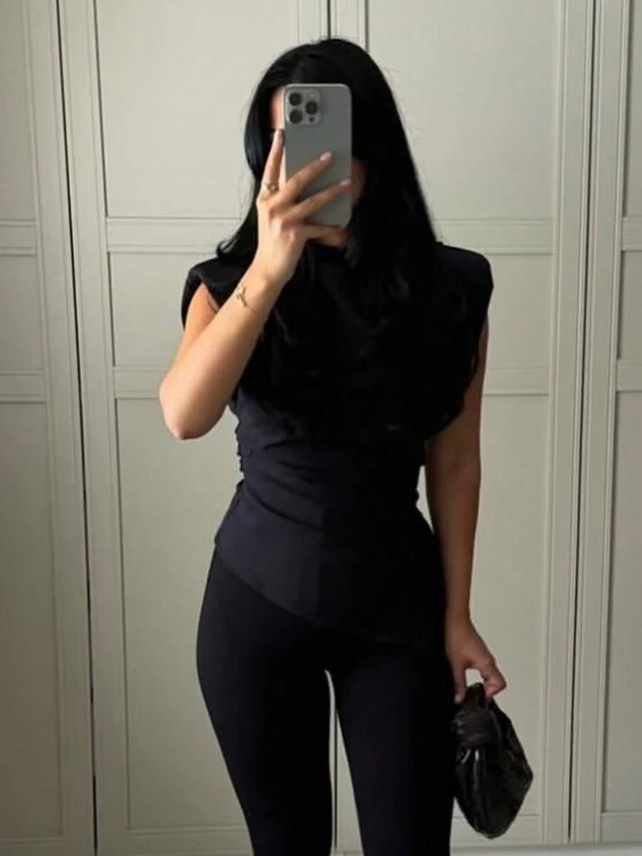 HH 女士优雅纯色垫肩无袖背心，OL休闲褶皱不对称拉链修身T恤 - 黑色 - 查看 1