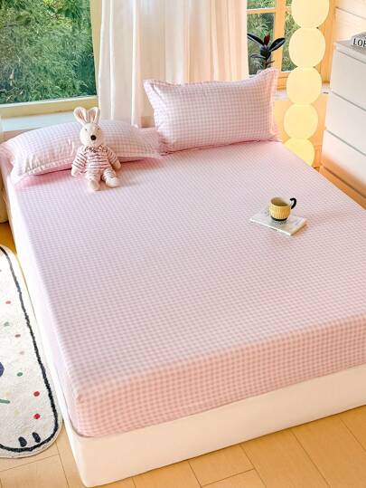 3 PiecesBed Sheet Set With Checkerboard Pattern, Soft & Comfortable Bedding Set Includes 1 Fitted Sheet & 2 Pillowcases, No Filling, Suitable For Dorms, Bedrooms, Multi-Size Options