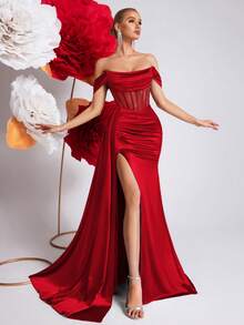 ADYCE Đầm dạ hội khoét vai, đầm maxi dài xòe rộng, eo cao, hở lưng, cổ yếm, đính đá lấp lánh, thắt lưng buộc eo, thích hợp cho các buổi tiệc, dạ hội và các dịp lễ kỷ niệm. - Đỏ - Xem 7