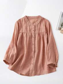 Womens Cotton Linen Button Down Shirt Solid Color Round Neck 3/4 Sleeve Casual Loose Fit Summer Fall Plus Size Blouse Tops - 橘色 - 查看 1