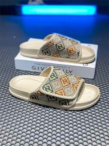 Men's Fashion Print Beige Flip Flops, Casual Outdoor Indoor Slippers For Summer