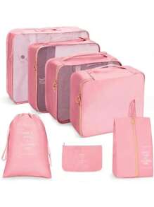 7/8 pièces Ensemble d'organisateur de voyage - Sacs de rangement multifonctionnels, sac à pinceaux de maquillage, sac à cosmétiques, sac à produits de soins de la peau, sac à vêtements, sacs à fermeture éclair, sac fourre-tout, sac à mailles, sac à chaussures, sac à bouteille, sac à cordon, sac général, sac à lingerie, organiseur de bagage, organiseur de bijoux, trousse de toilette. Grande capacité, portable, maille, gain de place, convient au rangement des vêtements, pantalons, sous-vêtements, cosmétiques, articles de toilette, chaussures, nécessités quotidiennes, organisation des voyages