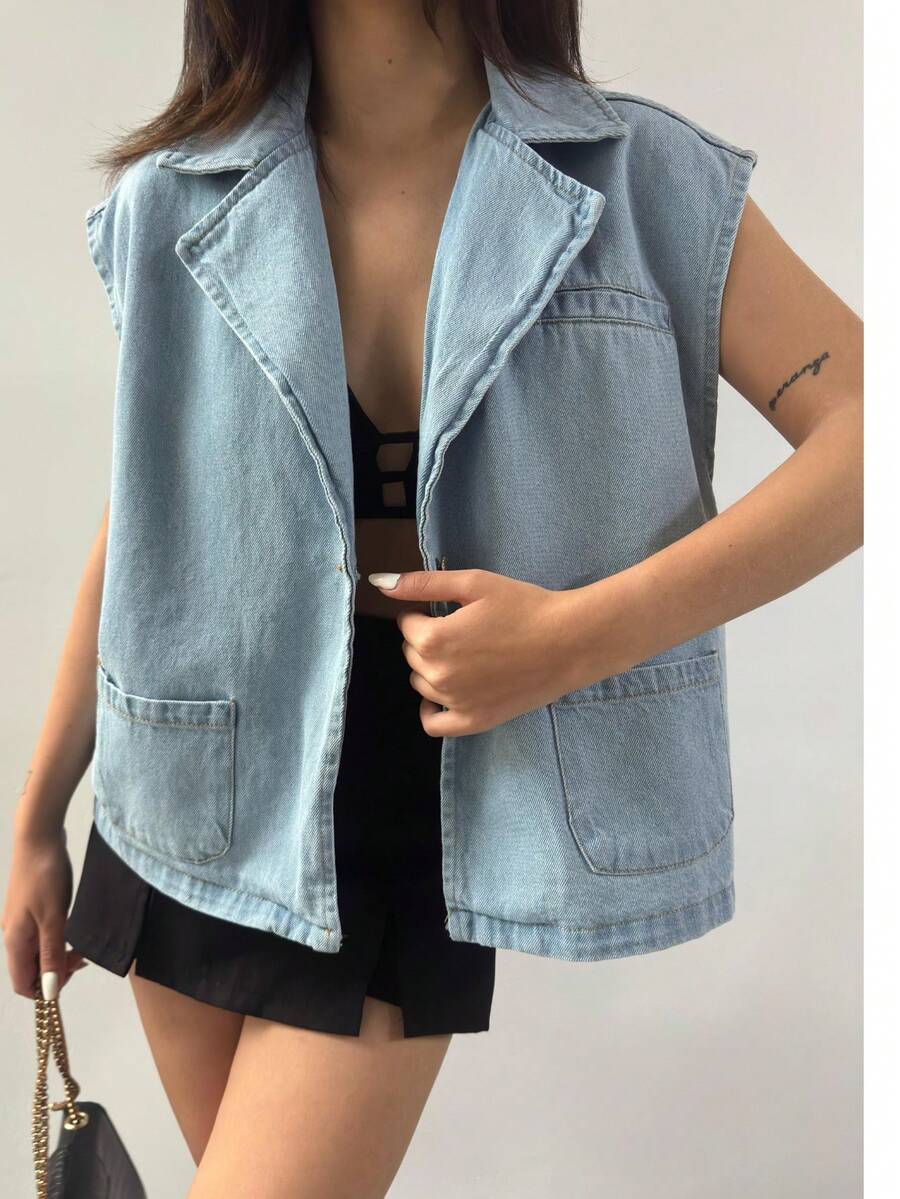 Lapel Neck Dual Pocket Vest Denim Blouse - Blue - View 1