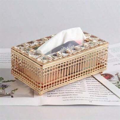 1pc European Style Iron & Crystal Tissue Box Holder, Suitable For Home Decor On Dining Table Or Coffee Table, Home Goods, Table Decor, Home Organization & Storage, Room Decor, Bedroom, Kitchen Accessories, Kitchen Tool, Kitchen Storage, Travel, Vacation