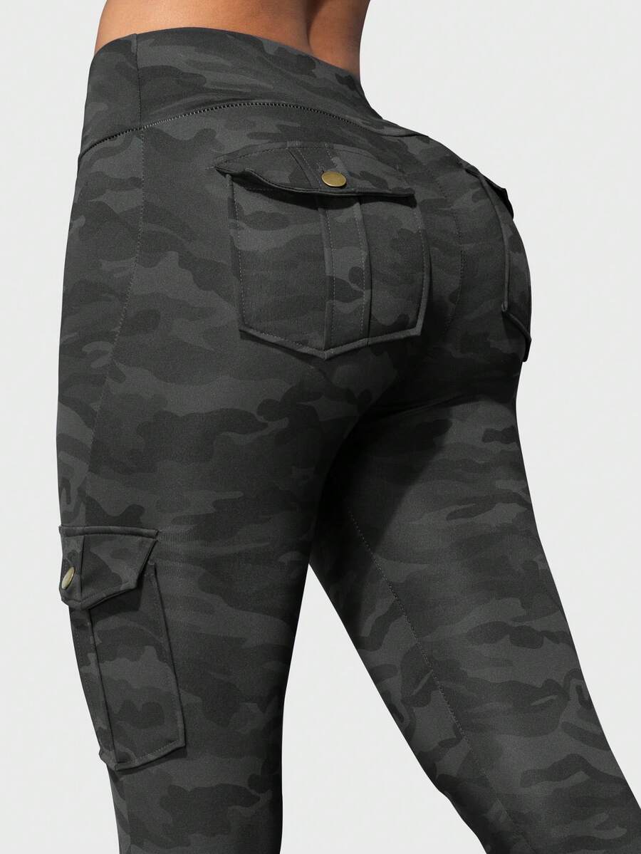Damkläder med kamouflagetryck, sportyogaleggings, multi-pocket casual fitness skinny byxor och tights - Grå - Visa 1