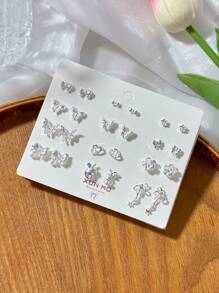 12 Pairs Silver Tone Pastel Butterfly Stud Earring Set, Chic And Simple Zinc Alloy Earrings, Fashionable For Daily Wear, Great Gift For Girlfriend
