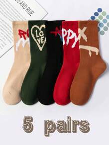 5 Pairs Unisex Mixed Color Graffiti Letter Mid-Calf Socks, Fashionable Casual Sports Socks For Daily Wear