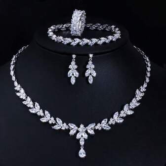 1 Set Of 5pcs European & American Style Leaf Zirconia Necklace, Earrings, Bracelet, Ring Jewelry Set, High-End Bridal Wedding Party Accessories Gift