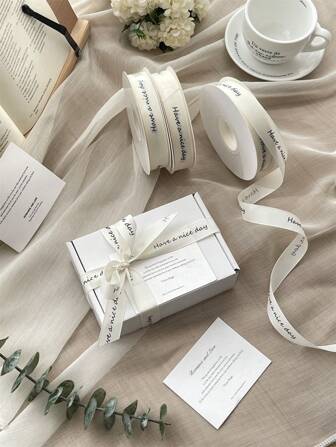 1 Roll Slogan Pattern DIY Woven Ribbon, Gift Packaging Silk Ribbon For Party, Floral Bouquet Tie, Cake Packaging, Gift Box Decoration, French Style