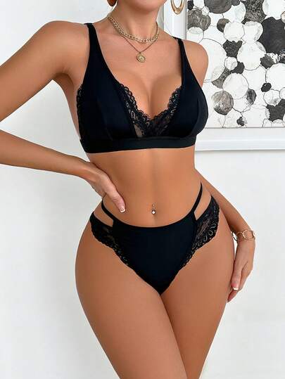 2pcs Women Lace Patchwork Bra And Panty Set, Beauty Back Design