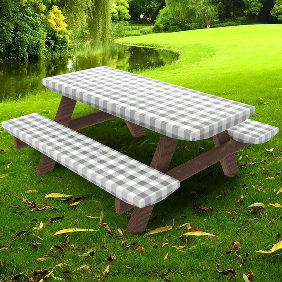 Picnic Table Cover With Bench Cover, Table Cover Suitable For 6-Foot Rectangular Tables, Vinyl Flannel Backing, Elastic Edges - Suitable For Outdoor/Indoor Gatherings And Dining (30x72 Inches, 3-Piece Set, Grey Checkered)