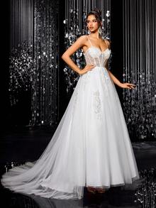 Vestidos de noiva elegantes com bordados em malha LVNES, com miçangas e lantejoulas, sem mangas e corte A - Branco - Ver 5