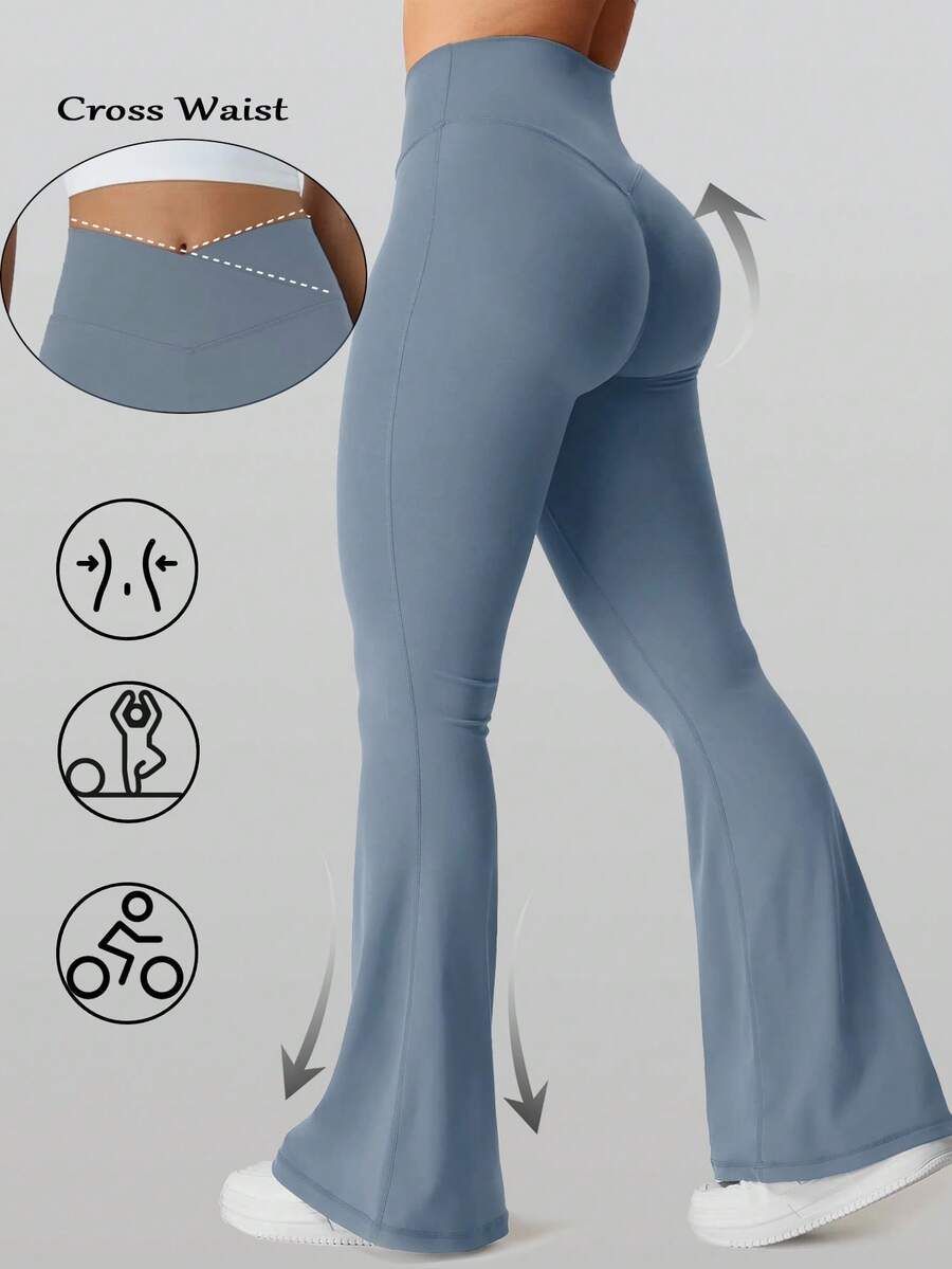 RUNONWHEELS 5 High Waist Flared Pants Daily Fitness Sports Leggings, Women Butt Lifting Yoga Leggings,Women's High-Waisted Cross Design Flared Leggings Suitable - 淺藍色 - 查看 1