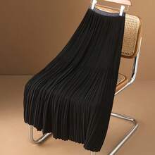 Falda Larga De Satén Suave Plisada De Cintura Alta Brillante - Negro - Ver 7