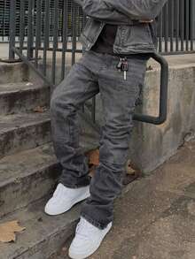 Men's Washed Solid Black & Grey Elastic Patchwork Straight Loose High Street Korean Style Y2K Denim Jeans - 灰色 - 查看 3
