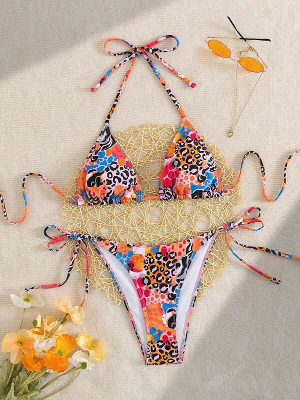 New European And American Ladies Sexy Fashion Halterneck Tie-Up Tie-Dye Leopard Print Multi-Color Print Beach Beach Beach Resort Two Pieces Split Bikini Set