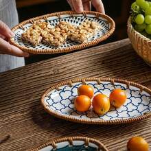 1 件 7.8 英寸陶瓷编织拼布桌面储物托盘，家用瓷器茶、小吃和装饰拼盘，适合酒店和家庭使用 - 白色 - 查看 2