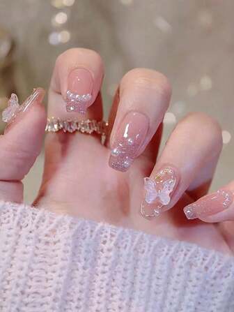 24pcs Medium-Long Ballet Fake Nails, Fashion Elegant Minimalist Daily Transparent Pink 3D Butterfly Embedded Pearl Shiny Full Cover Nail Tips Set, Suitable For Party, Ball, Daily Wear, Jelly Gel Randomly Shipped