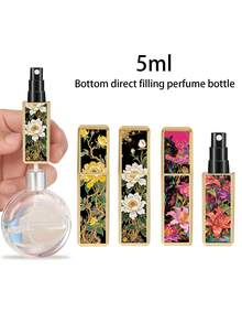 1/4 件金色花朵图案香水喷雾瓶，可重复使用多面图案方底装香水瓶，火烈鸟、豹纹迷你化妆品瓶，香水、纯露包装工具，多种颜色可供选择，送给家人和朋友的生日礼物，节日礼物，便携旅行 5ml