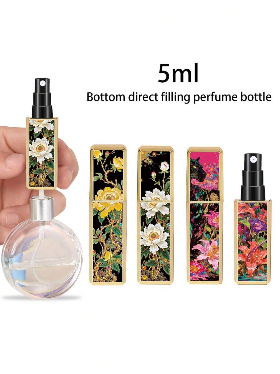 1/4 件金色花朵图案香水喷雾瓶，可重复使用多面图案方底装香水瓶，火烈鸟、豹纹迷你化妆品瓶，香水、纯露包装工具，多种颜色可供选择，送给家人和朋友的生日礼物，节日礼物，便携旅行 5ml