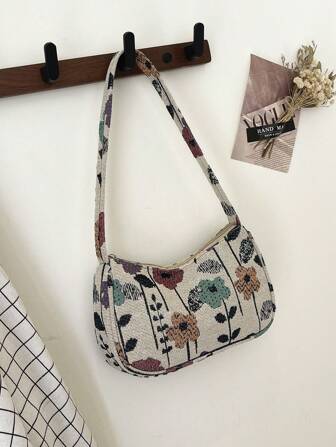 1pc Plain Color Corduroy Material Zipper Closure Fashion Shoulder Handbag